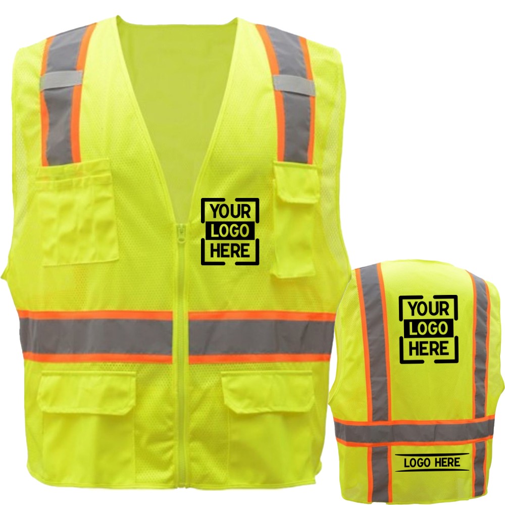 Hi-Vis Class 2 Two Tone Reflective Tape Safety Mesh Zipper Vest With 6 Pockets Custom Embroidered