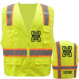 Hi-Vis Class 2 Two Tone Reflective Tape Safety Mesh Zipper Vest With 6 Pockets Custom Embroidered
