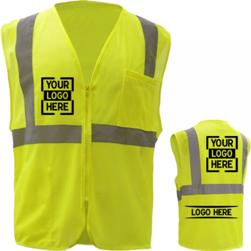 Logo Printed High Viz Reflective Mesh Class 2 Safety Workwear Zipper Vest With Pocket