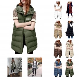 Removable Hood Women's Long Puffer Vest with Logo