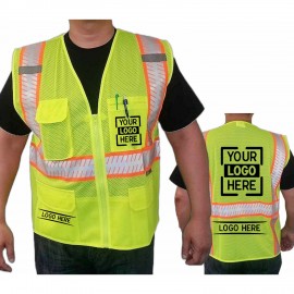 Hi Viz Class 2 Segmented Safety Mesh Zipper Vest W/ 4 Pockets & Dual Mic Tabs with Logo  Hi Viz Class 2 Segmented Safety Mesh Zipper Vest W/ 4 Pockets & Dual Mic Tabs with Logo